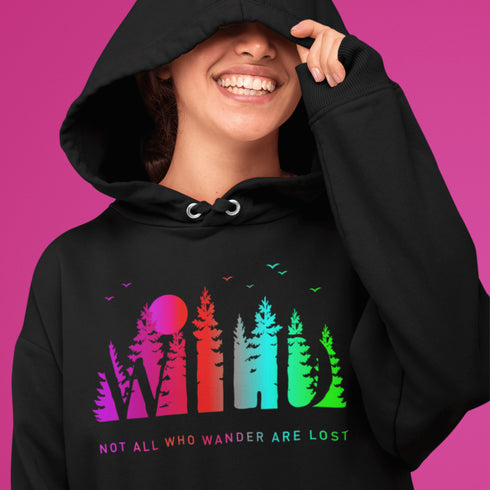 This Camping hoodie features a stunning colorful gradient forest graphic that captures the essence of the great outdoors. With the inspiring saying "WILD-Not All Who Wander Are Lost" boldly printed, it serves as a reminder to embrace your wild spirit and wanderlust.